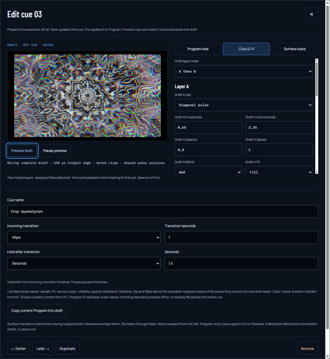 Actual PHASE//VOID native editor showing the revised Drop draft, muted preview and clip controls