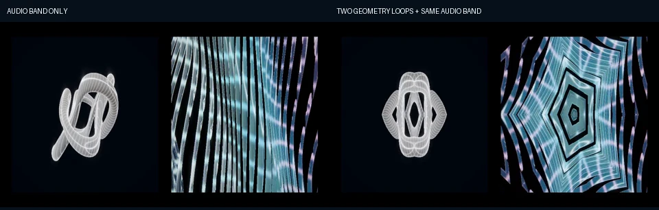 Same soundtrack moment and mapped sources: baseline band-linked rack at left and independent beat-loop geometry at right