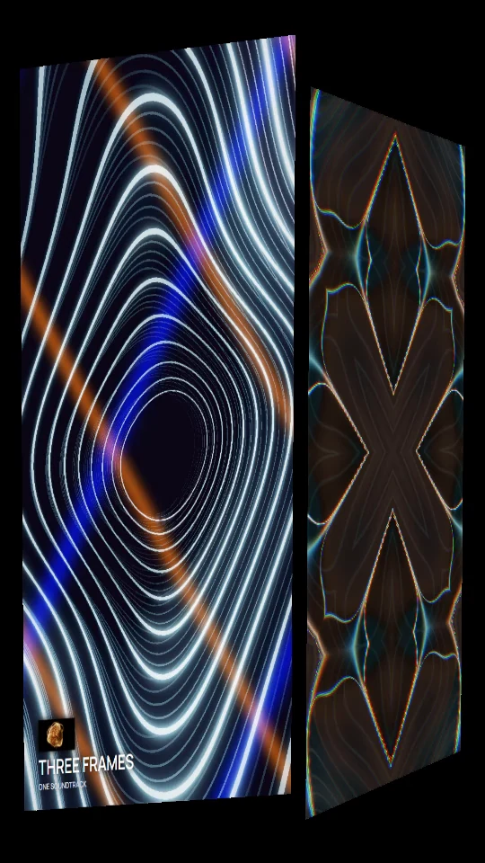 Actual decoded first frame of the 9:16 delivery film, with two mapped sources, title and artwork