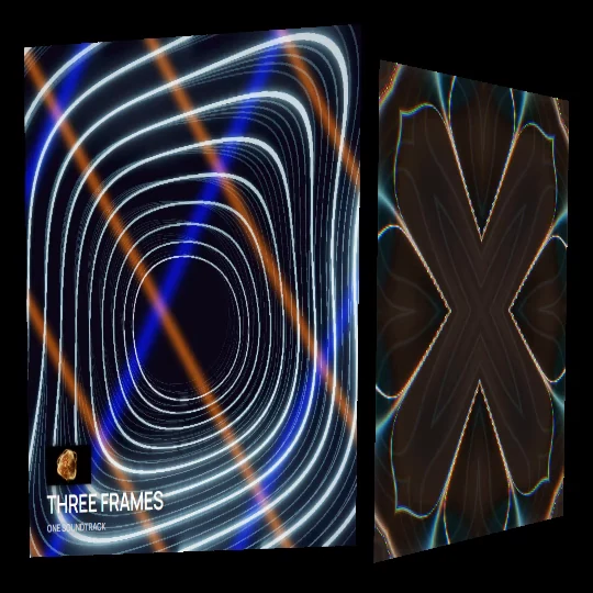 Actual decoded first frame of the 1:1 delivery film, with two mapped sources, title and artwork