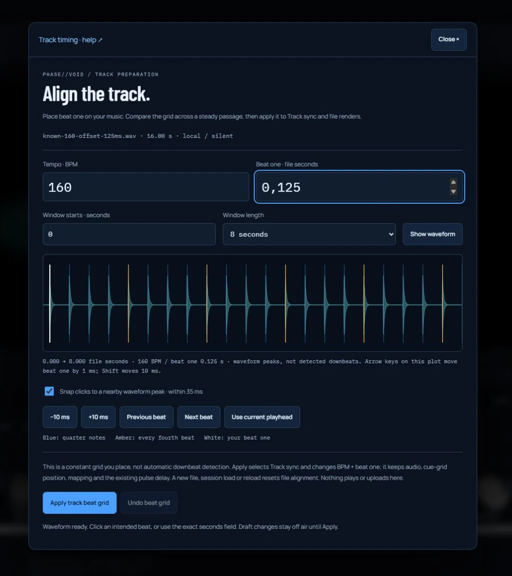 Actual Studio beat-grid editor with local waveform, quarter-note grid, beat-one seconds and deliberate Apply and Undo controls