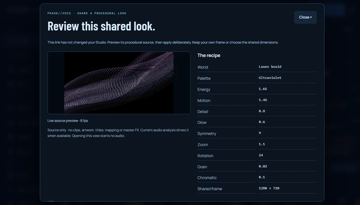 Actual Studio review showing the Laser braid source preview and all ten shared numeric controls