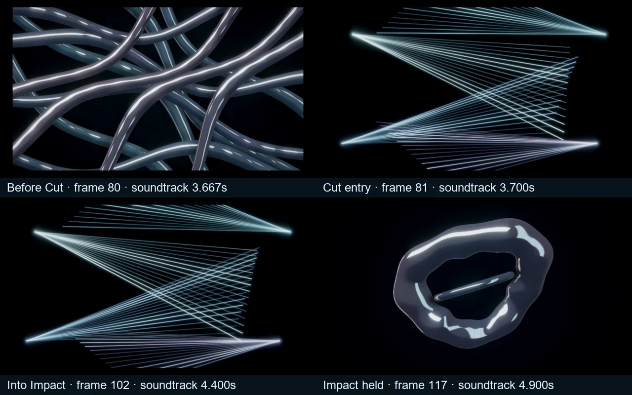 Decoded frames before and at the Cut entrance at soundtrack 3.7 seconds, then the start and completion of the Impact wipe