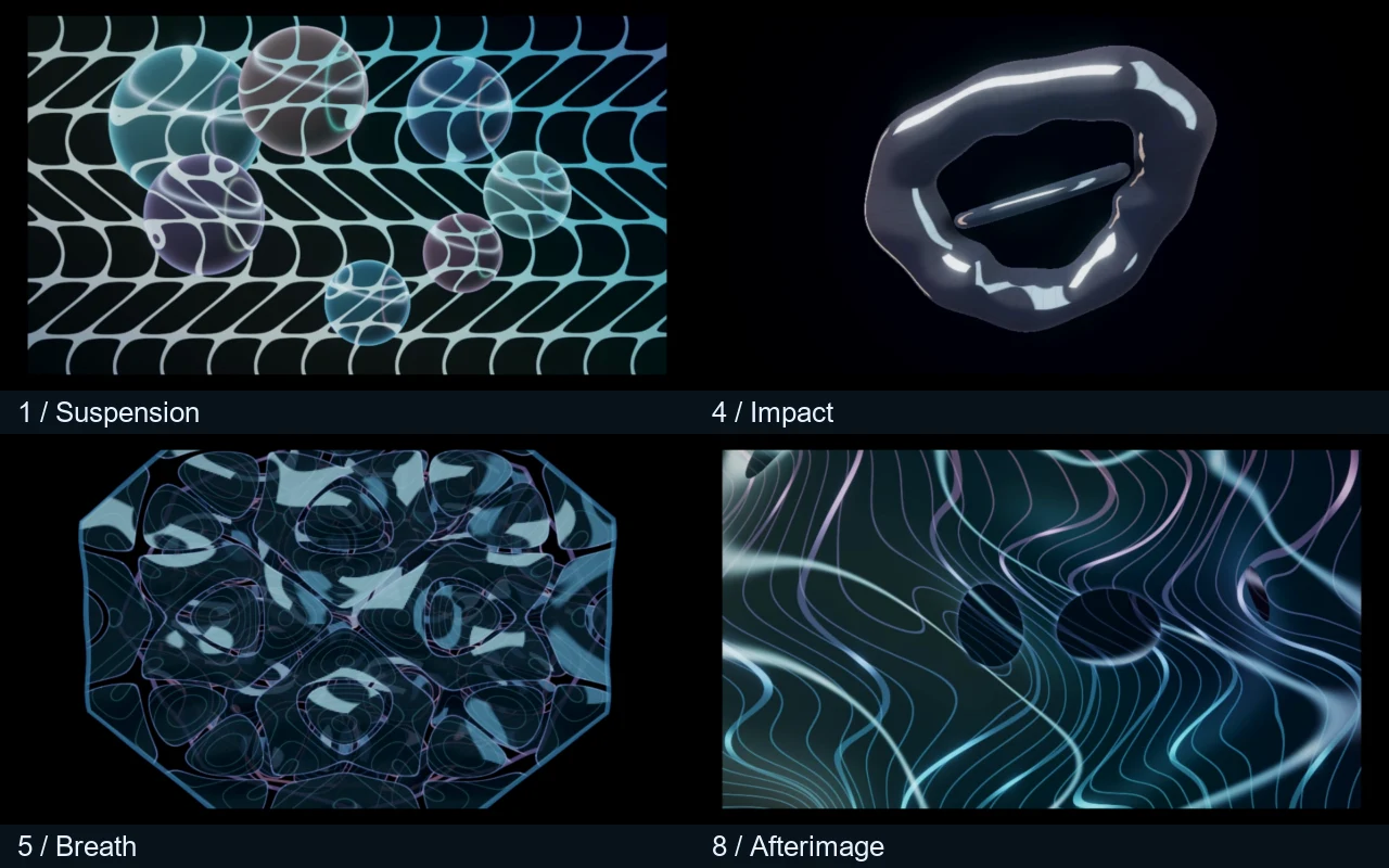Four decoded film frames: floating glass, a metallic body, a harmonic structure and a fluid closing surface