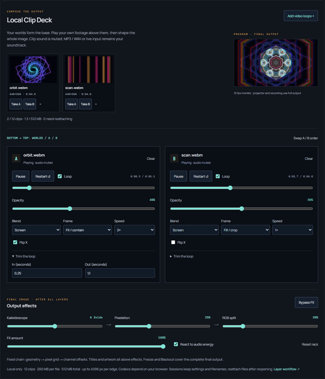 PHASE//VOID Studio controls for a local clip library, two video layers and the final output effects