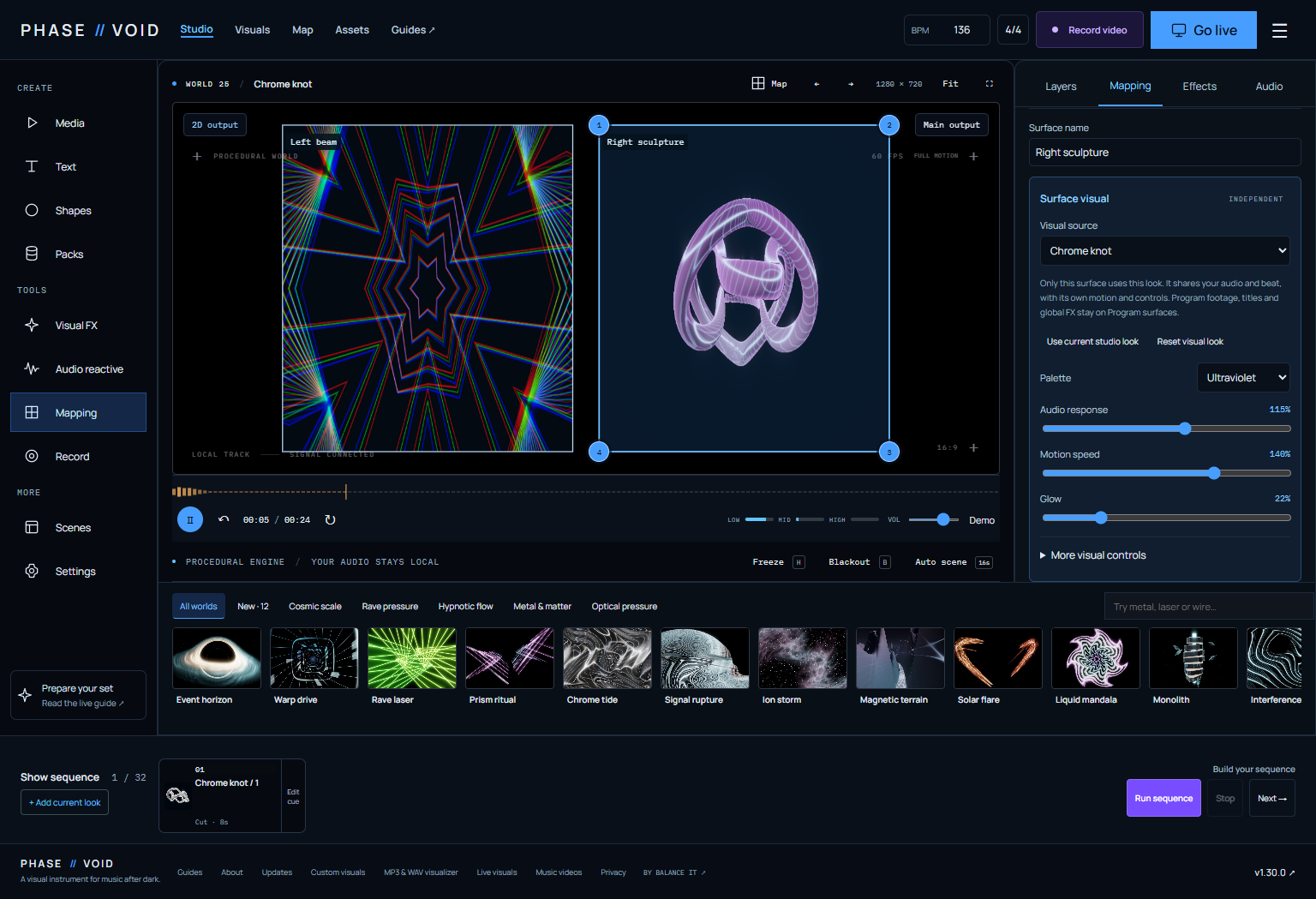 Actual PHASE//VOID Studio with Rave fan on the left surface, Chrome knot on the right and separate visual controls