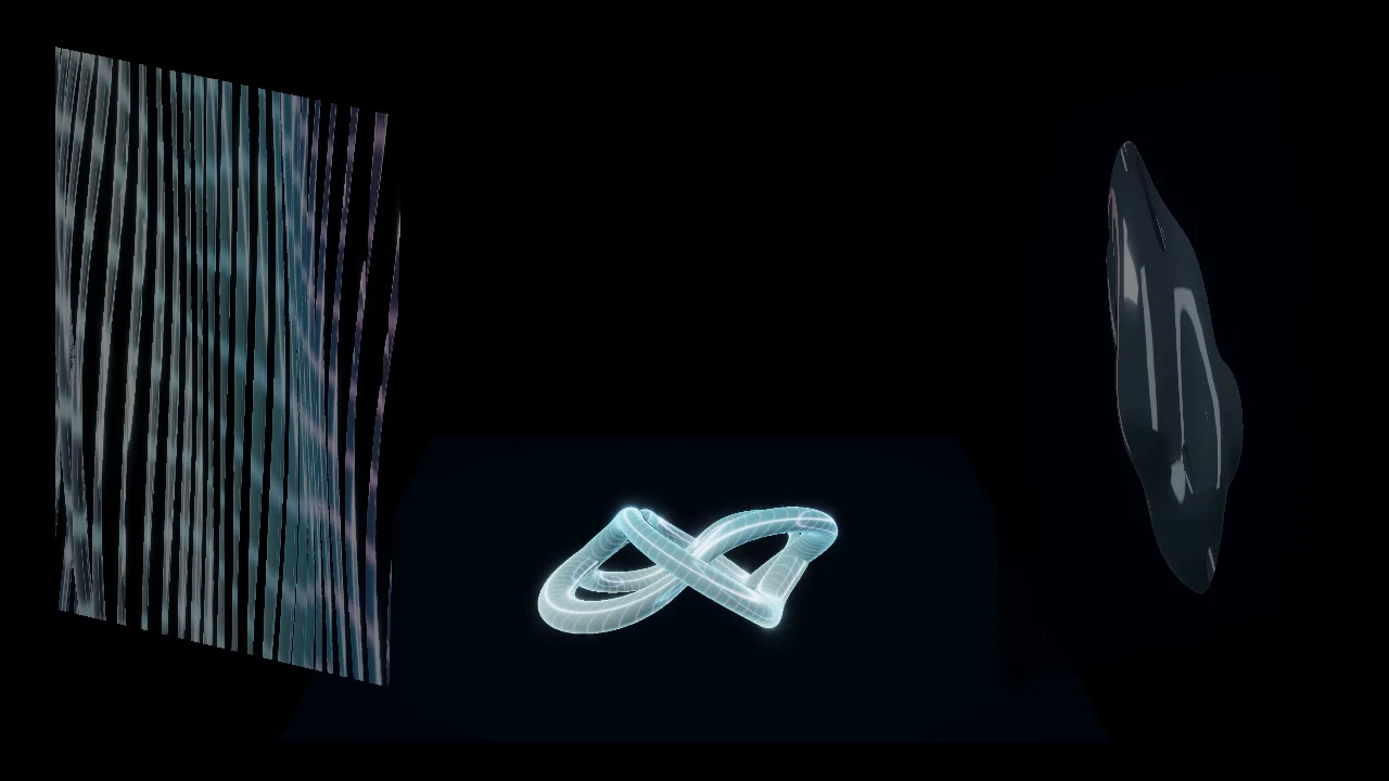 Decoded frame from the actual three-surface workshop film, with a central Chrome knot and two supporting worlds