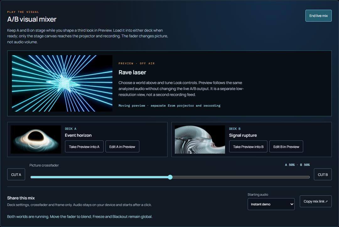 Actual PHASE//VOID browser console with a Rave laser off-air Preview, two loaded decks and a picture crossfader