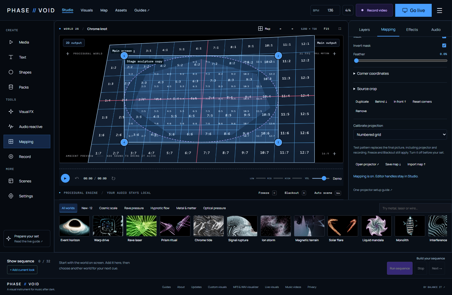 Actual PHASE//VOID Mapping inspector with a numbered-grid calibration image and surface corner handles